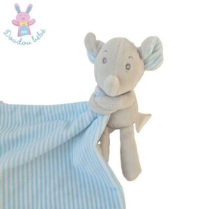 Doudou éléphant gris mouchoir rayé bleu blanc OBAIBI