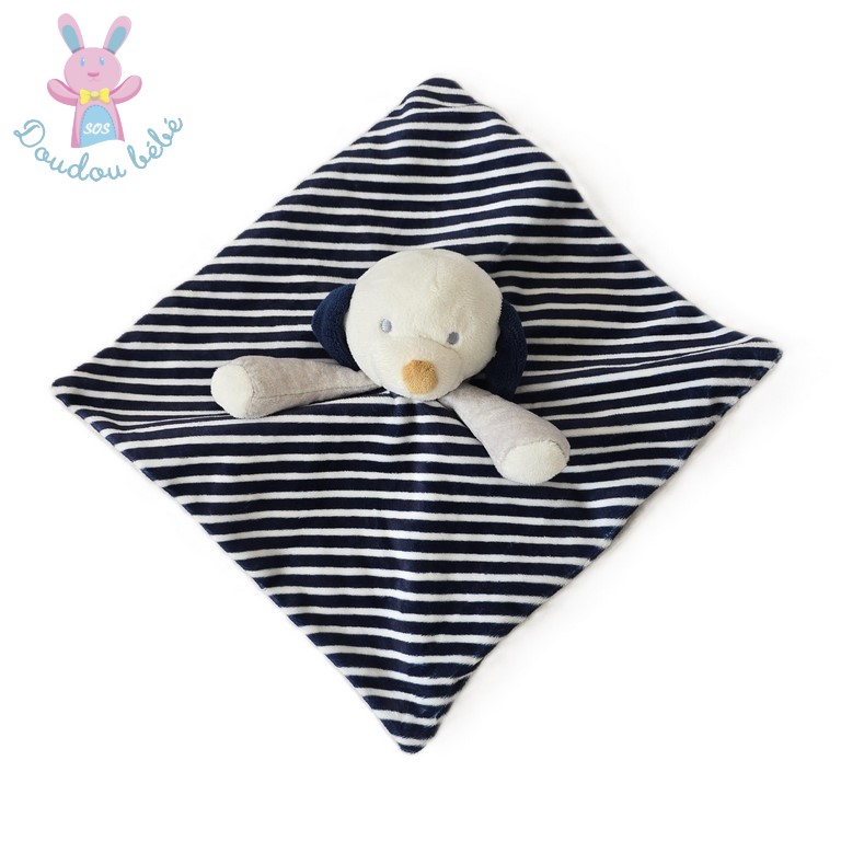 Doudou plat Chien rayé marine blanc OBAIBI