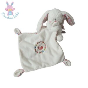 Doudou Lapin blanc mouchoir fleurs oiseau rose POMMETTE