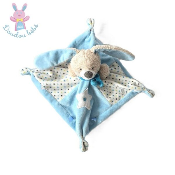 Doudou plat Lapin bleu blanc beige étoiles MOTS D'ENFANTS