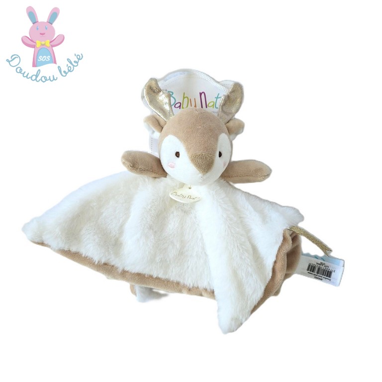 Doudou plat Mon petit Renne Biche beige blanc BABY NAT