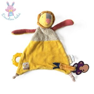 Doudou plat Lion jaune beige Les Papoum attache tétine MOULIN ROTY