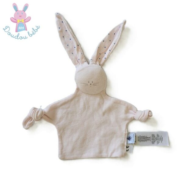 Doudou plat Lapin tissu rose pâle et pois bleu PETIT BATEAU