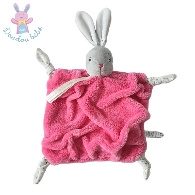 Doudou plat Lapin plume gris rose framboise et blanc KALOO