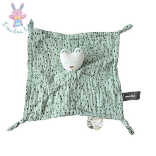 Doudou plat Chat Ours lange blanc vert motifs traits ORCHESTRA