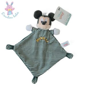 Doudou plat Souris Mickey rayé vert et blanc tout doux DISNEY