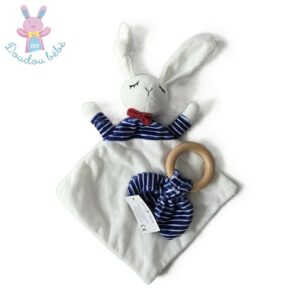 Doudou plat Lapin blanc et rayé bleu marine + anneau ENVIE DE FRAISE