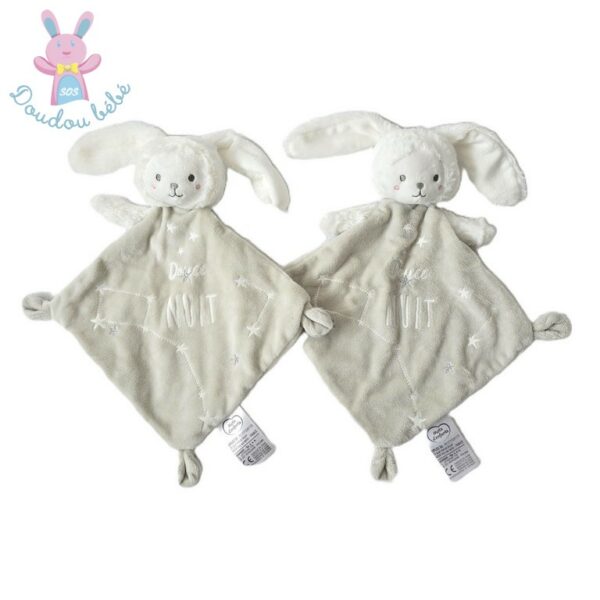 Lot de 2 Doudou plat Lapin Ours gris douce nuit étoiles MOTS D'ENFANTS