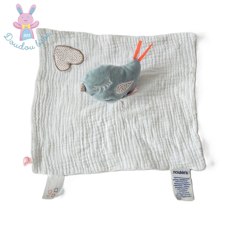 Doudou plat Oiseau bleu lange blanc cœur NOUKIE'S