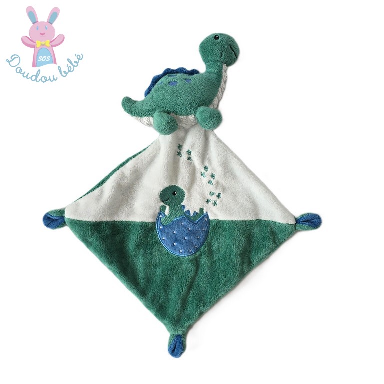 Doudou plat Dinosaure vert bleu blanc bébé TEX BABY