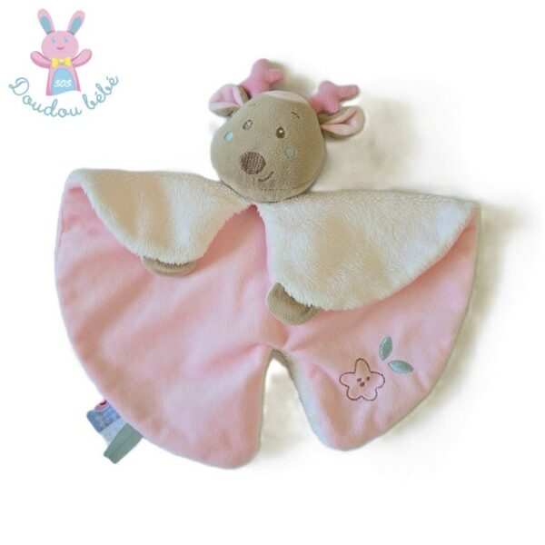 Doudou plat Renne Cerf Biche rose blanc marron SUCRE D'ORGE