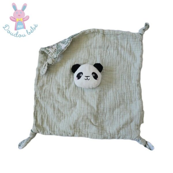 Doudou plat Panda blanc noir lange vert feuilles VERTBAUDET