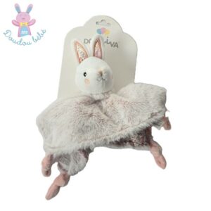 Doudou plat Lapin fourrure rose blanc dessous tissu fleurs DOMIVA