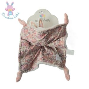 Doudou plat Lapin fourrure rose blanc dessous tissu fleurs DOMIVA