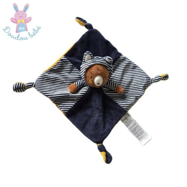 Doudou plat Ours capuche marron bleu marine blanc rayé Gémo