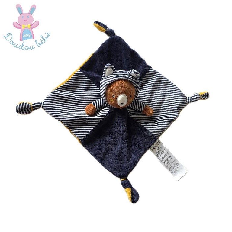 Doudou plat Ours capuche marron bleu marine blanc rayé Gémo