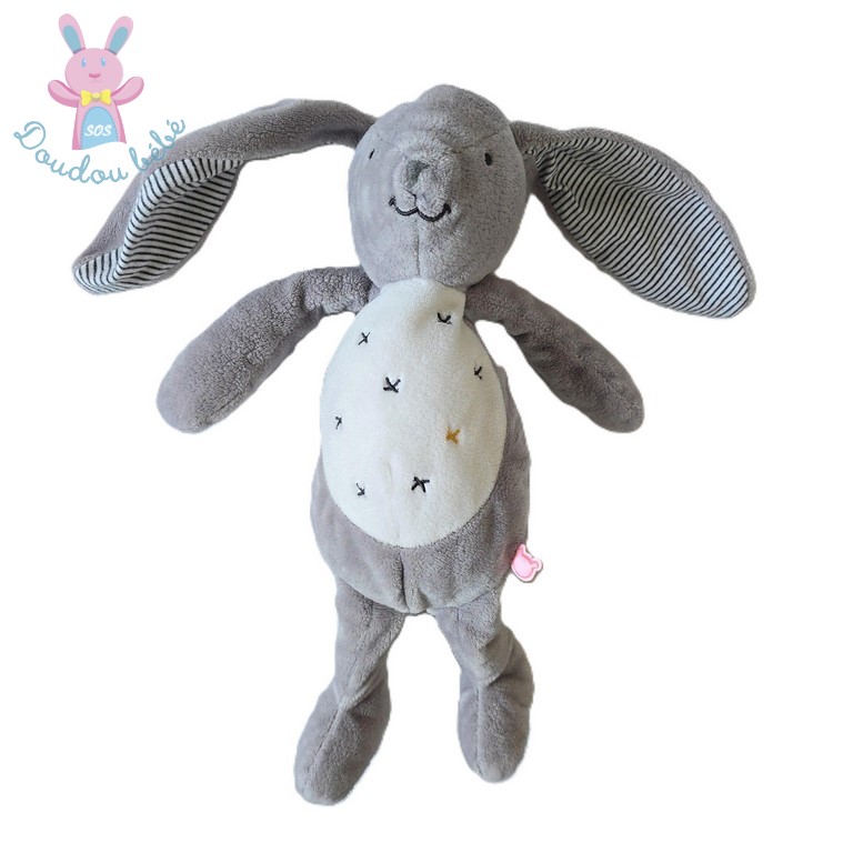 Doudou Lapin Gaby gris blanc rayé 28 cm NOUKIE'S