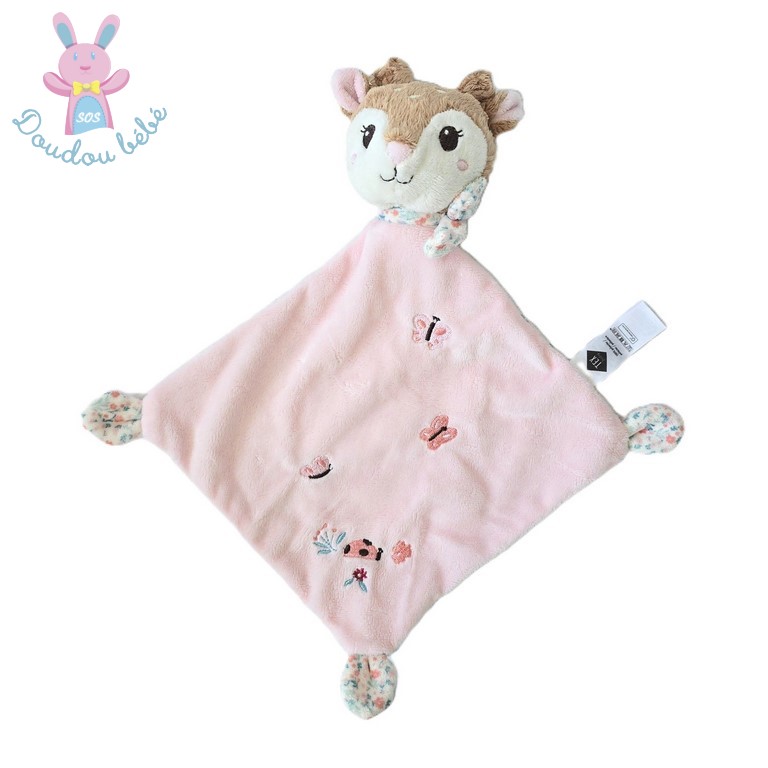 Doudou plat Biche Faon rose marron blanc fleurs TEX BABY