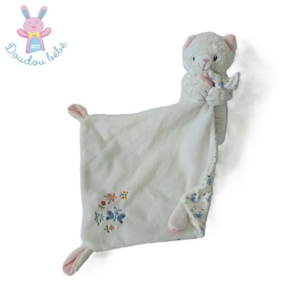 Doudou Chat blanc rose fleurs avec mouchoir POMMETTE