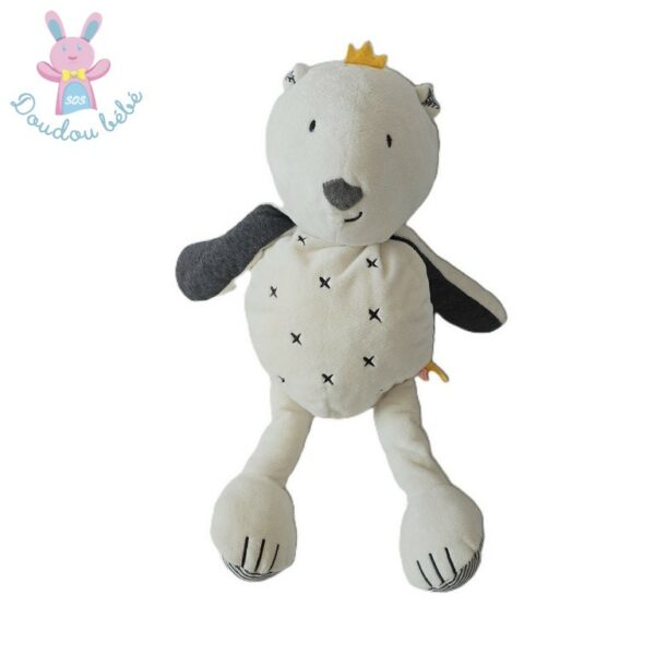 Doudou Ours Sam blanc gris croix couronne 45 cm NOUKIE'S