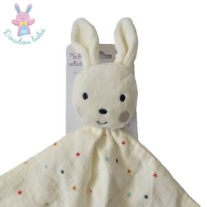 Doudou plat Lapin blanc écru lange étoiles colorées ORCHESTRA