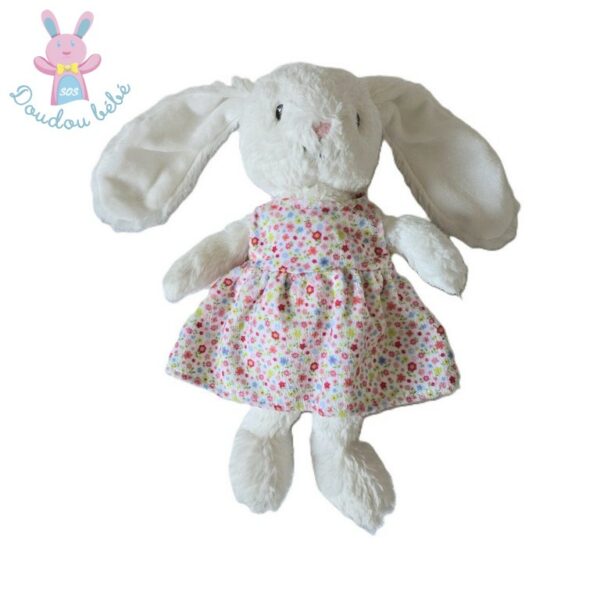 Doudou lapin blanc et robe à fleurs colorées POMMETTE