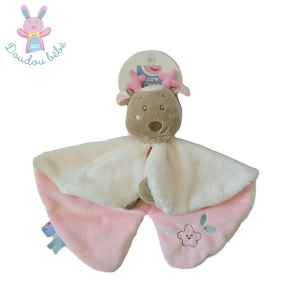 Doudou plat Renne Cerf Biche rose blanc marron SUCRE D'ORGE