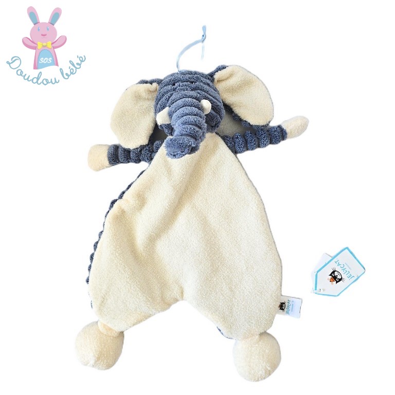 Doudou plat éléphant blanc bleu côtelé JELLYCAT