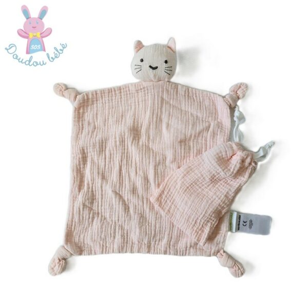 Doudou plat Chat lange coton rose pâle VERTBAUDET