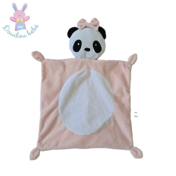 Doudou plat Panda rose blanc noir nœud vert BABY CALIN