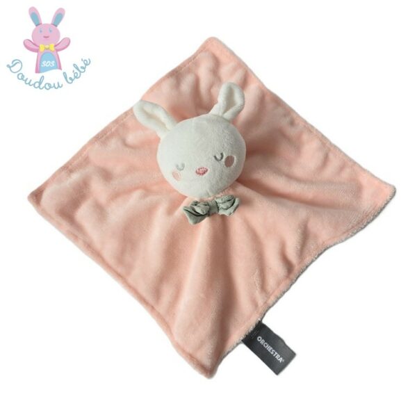 Doudou plat Lapin rose blanc nœud ORCHESTRA