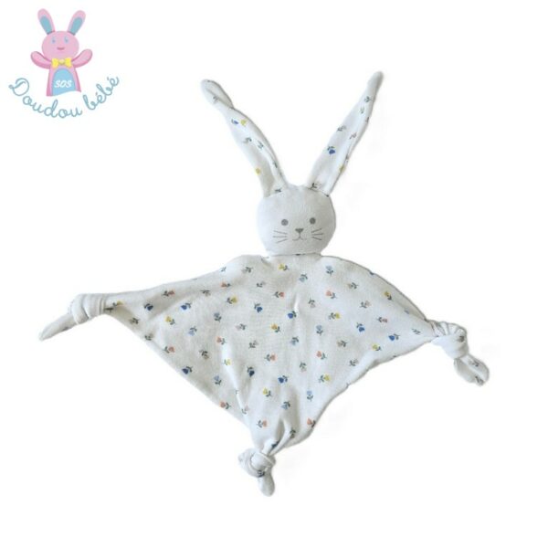 Doudou plat Lapin tissu coton blanc écru fleurs PETIT BATEAU