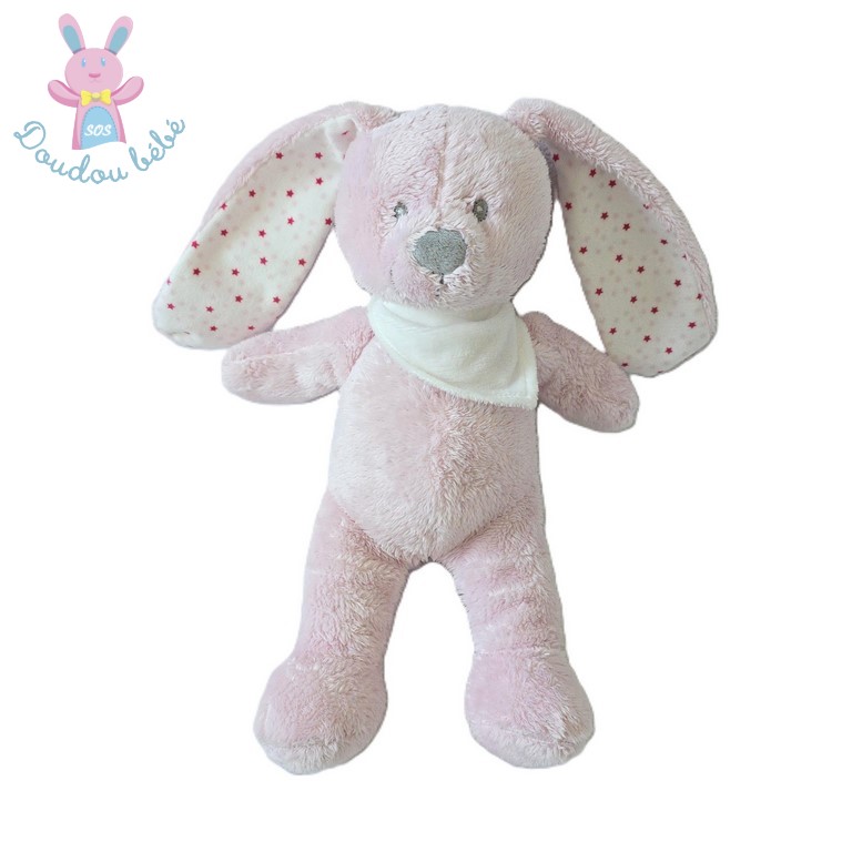 Doudou Lapin rose blanc étoiles bandana VERTBAUDET