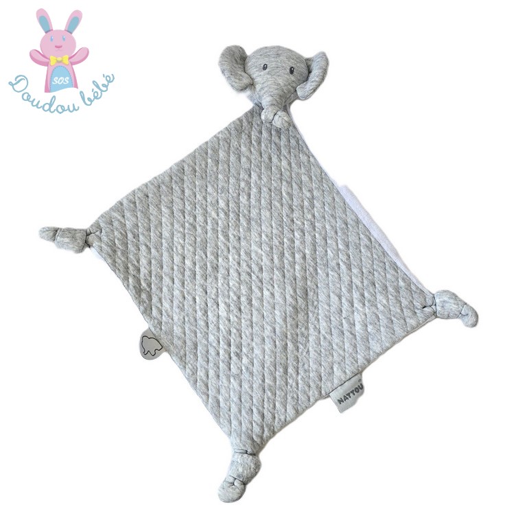 Doudou plat éléphant gris matelassé velours blanc NATTOU