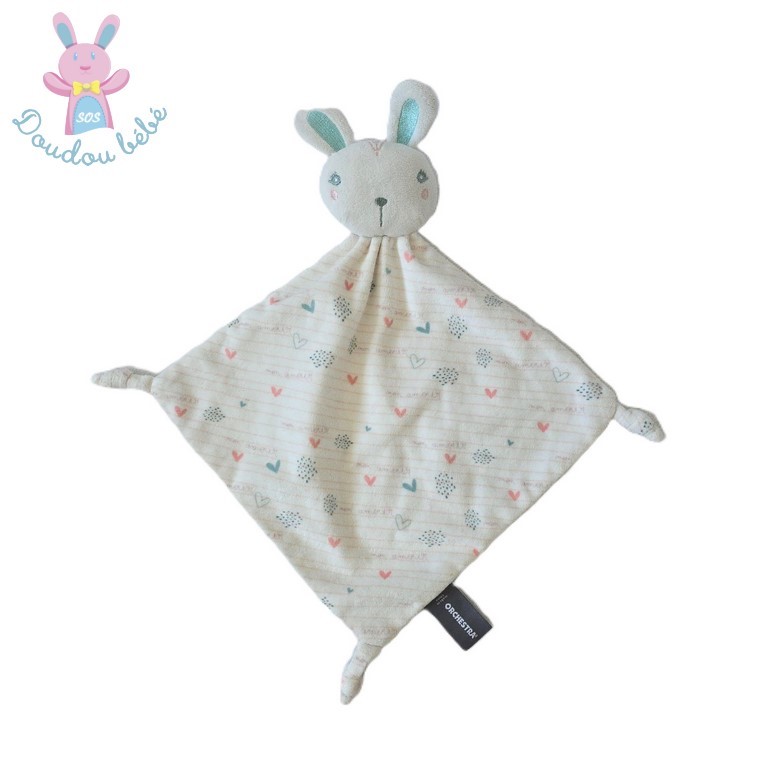 Doudou plat Lapin blanc rose bleu cœurs "mon amour" ORCHESTRA