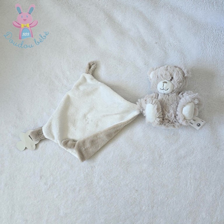 Doudou Ours beige clair et blanc mouchoir attache tétine TEX