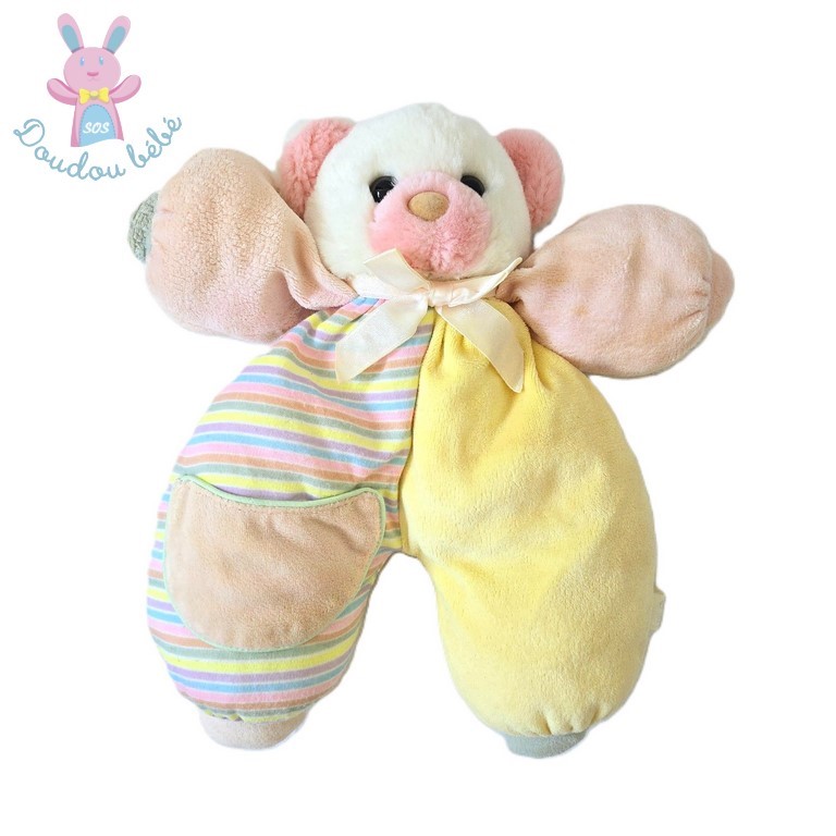 Doudou OURS blanc rose jaune bleu et rayé vintage CARREFOUR