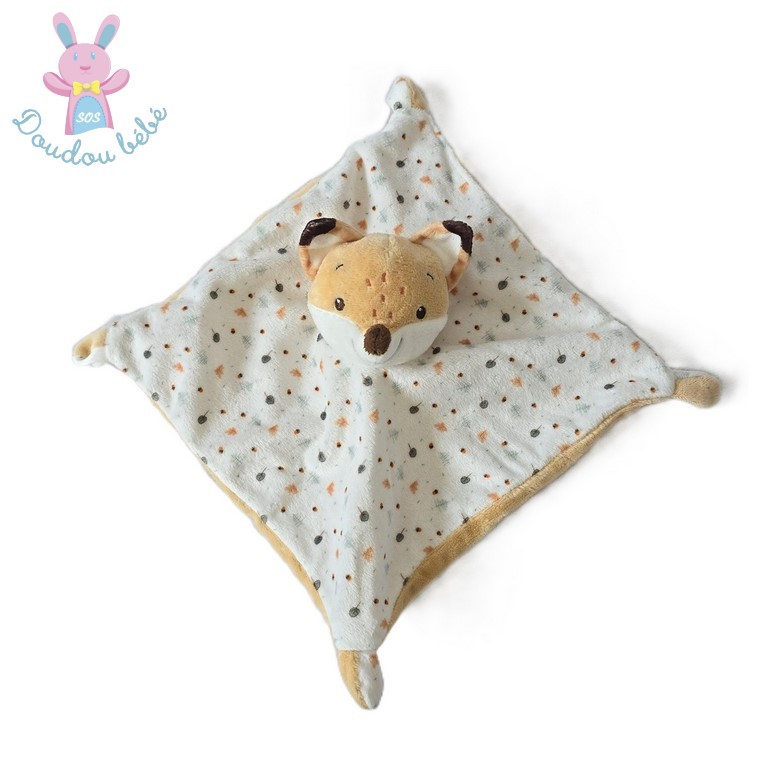 Doudou plat Renard blanc beige marron feuilles B&M