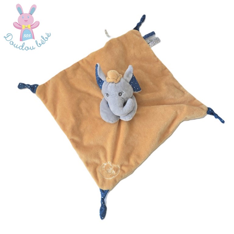 Doudou plat éléphant orange gris bleu pois DODO D'AMOUR