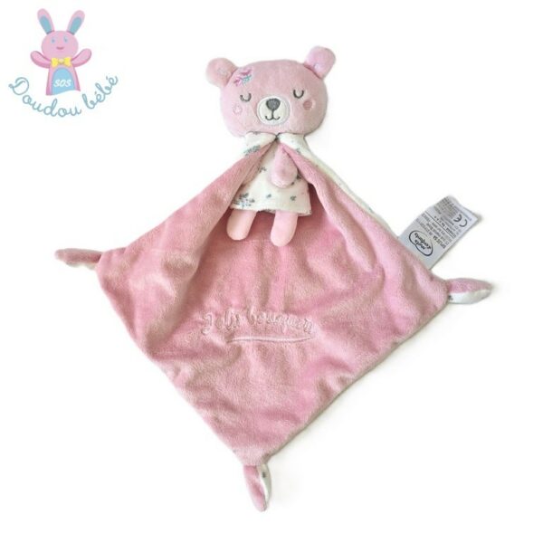 Doudou Ours cape rose blanc fleurs "jolis bouquets" MOTS D'ENFANTS