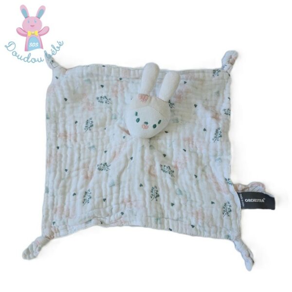 Doudou plat Lapin lange blanc rose vert feuilles fleurs ORCHESTRA