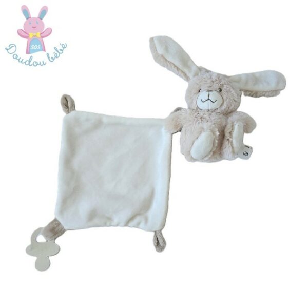 Doudou Lapin beige clair et blanc mouchoir attache tétine TEX