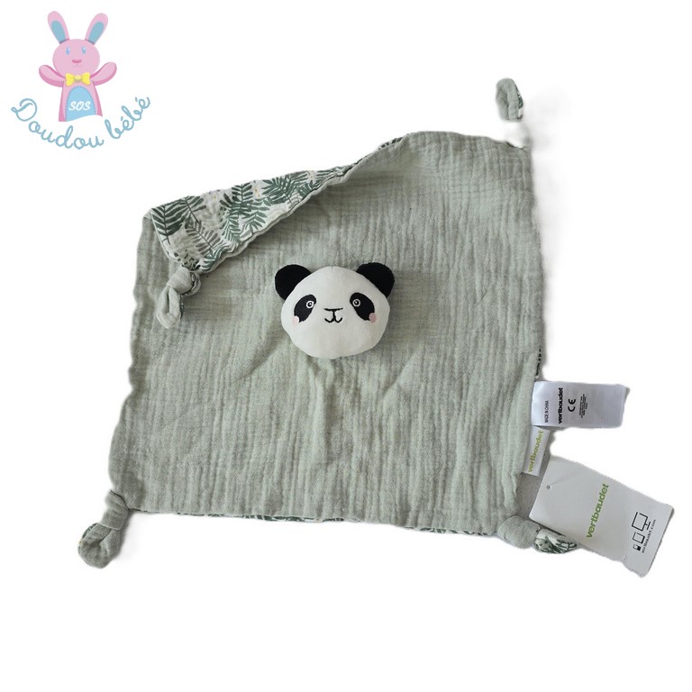 Doudou plat Panda blanc noir lange vert feuilles VERTBAUDET