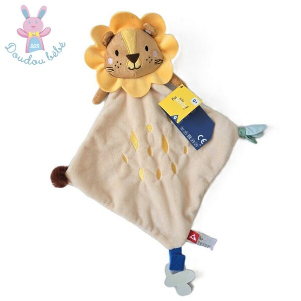 Doudou plat Lion beige jaune orange attache tétine GIFI