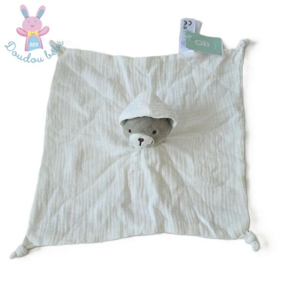 Doudou plat Chat gris lange blanc capuche OBAIBI