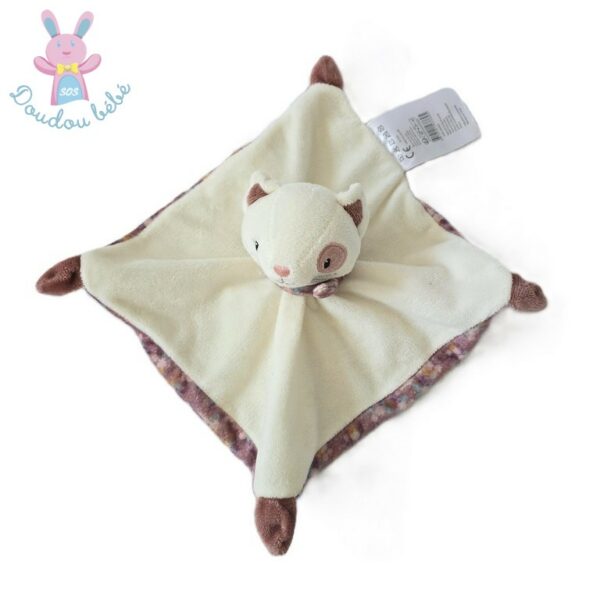 Doudou plat Chat blanc rose mauve fleurs B&M