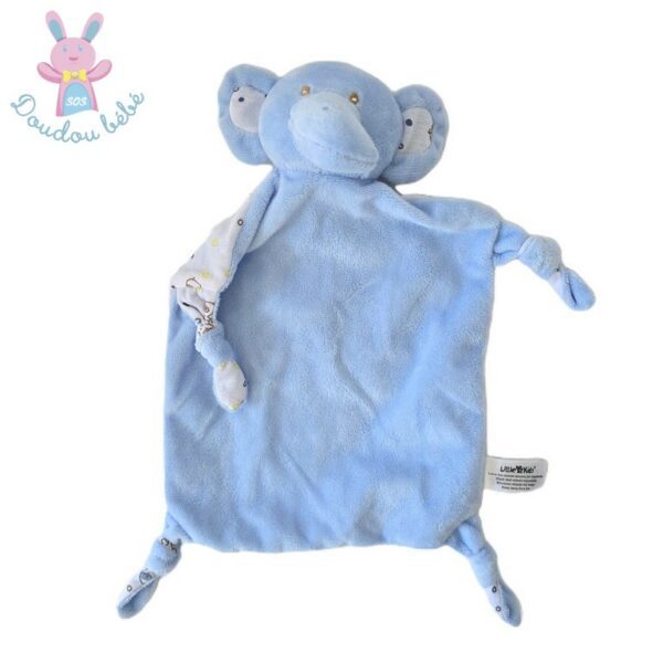 Doudou plat éléphant bleu dessous blanc motifs ronds LITTLE KIDS