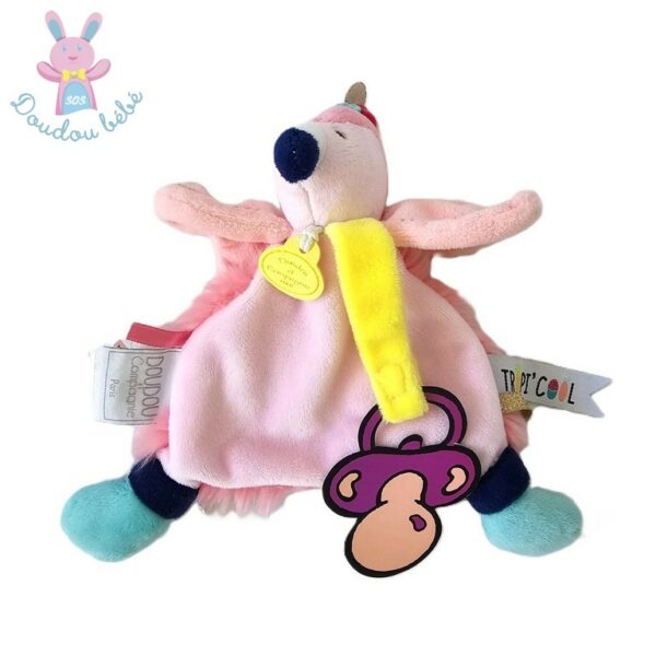 Doudou plat Flamant Rose Tropi'cool attache tétine DOUDOU ET COMPAGNIE