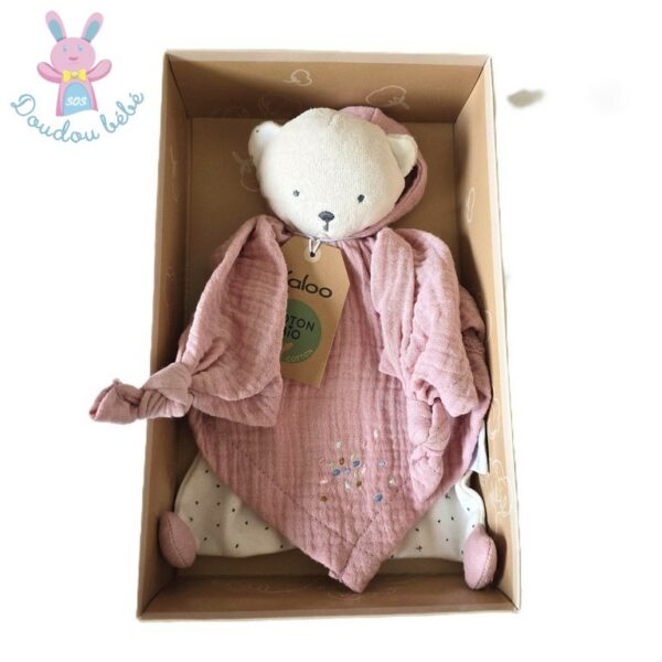 Doudou plat Ours coton bio rose blanc capuche Petit Pas KALOO