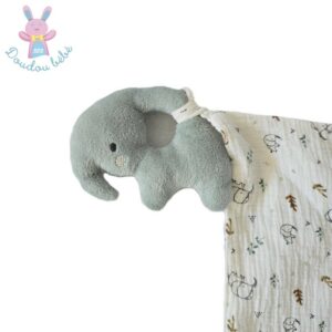 Doudou éléphant vert mouchoir lange beige motifs ORCHESTRA